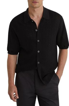 Reiss Phoenix Chevron Knit Button-Up Shirt in Black at Nordstrom, Size X-Large