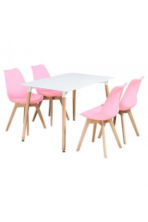 Life Interiors 5PCs Dining Set - a Halo Dining Table & Set of 4 Lorenzo Tulip chairs with Padded Seat in Pink