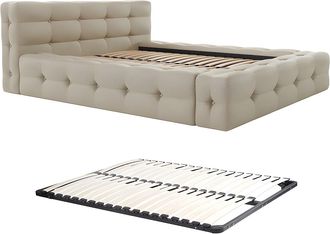 Pascal Morabito Cama capiton&eacute; 180 x 200 cm - Tela jaspeada - Beige + Somier - LERUCO de Pascal Morabito