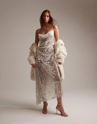 Asos bridal asymmetric bias draped cami midaxi dress in sheer sequin-White
