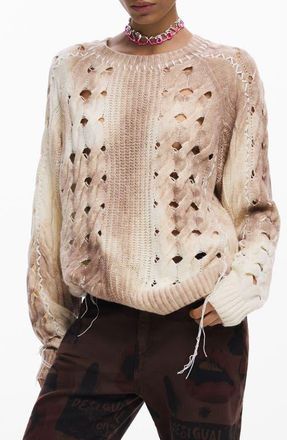 Desigual Open Stitch Crewneck Sweater in Light Beige at Nordstrom, Size Medium