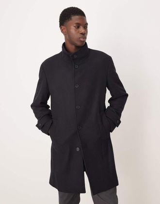 Mango Cappotto nero in misto lana con collo a imbuto