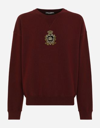 Dolce & Gabbana Cashmere And Wool Knit Sweatshirt With Dg Patch - Man Sweaters And Cardigans Burgundy Wool Xl
