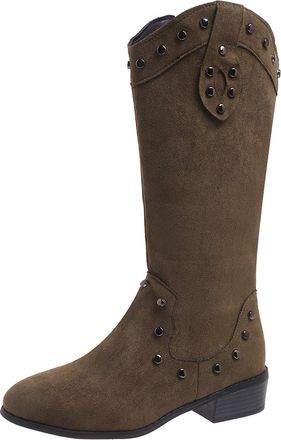 Generic Boots For Women Pointed Toe Chunky Low Heel Retro Western Style Mid Calf Boots Ladies Cowboy Booties With Zipper Casual Shoes Autumn Winter size 4.5