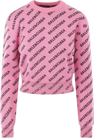 Balenciaga Roze Logo Jacquard Cropped Sweater - Dames - Ronde hals truien - Roze - S - Katoen - Truien & Vesten