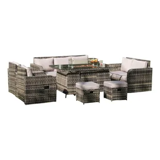 Alivio 9 Seater Rattan Furniture Set Built-In Propane Fire Pit Table Anti-UV Cushions - PE Rattan Garden Furniture Seating in Grey