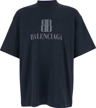 Balenciaga Black Crewneck T-shirt With Logo Print On The Front In Cotton Man