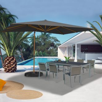 IDMarket Sombrilla Calvi 360&deg; Inclinable Y Giratoria, Efecto Madera Mate Y Tejido Gris 3x4m Con Funda