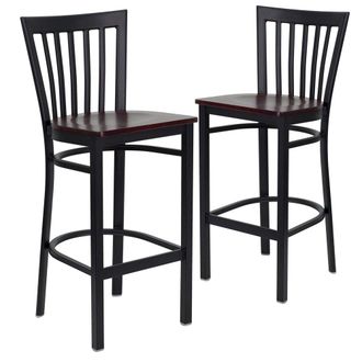 Flash Furniture 2 Pk. Black School House Back Metal Restaurant Barstool - Mahogany Wood Seat
