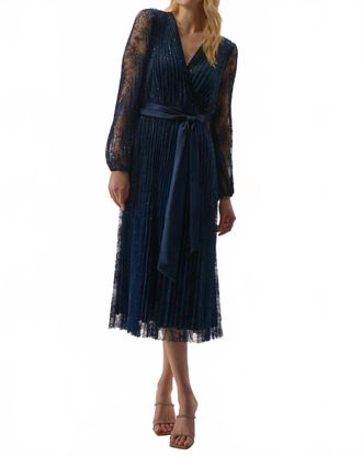 Joseph Ribkoff Sequined Belted Long Lace Sleeve Fit And Flare Dress In Midnight Blue