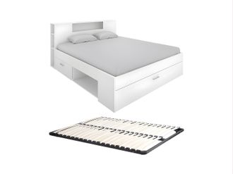 Vente-Unique Cama con cabecero con compartimentos y cajones - 140 x 190 cm - Color: blanco + Somier - LEANDRE