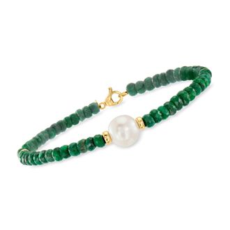 Ross-Simons Cultured Pearl and Emerald Bead Bracelet in 14kt Yellow Gold