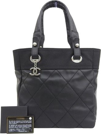 Chanel Black Coated Canvas Leather Handbag Tote Bag (Pre-Owned)