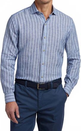 David Donahue Linen Stripe Sport Shirt In Navy/sky