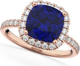 Allurez Cushion Cut Halo Lab Blue Sapphire & Lab Diamond Engagement Ring 14k Rose Gold (3.11ct)