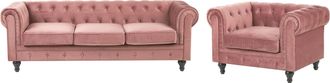 Beliani Conjunto De Sal&oacute;n Chesterfield Tapizado En Tela De Terciopelo Rosa Sof&aacute; 3 Plazas + Sill&oacute;n Patas De Madera Oscura Estilo Contempor&aacute;neo Chesterfield
