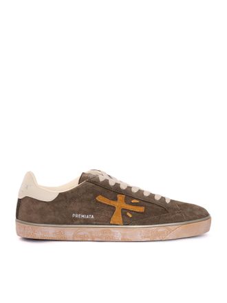 Premiata White Steven Olive Green Calf Leather Low-Top Sneakers