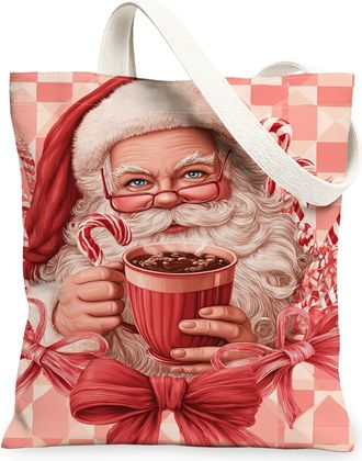 Generic Christmas Santa Canvas Tote Bags, Holiday Patterns Reusable Grocery Bags, Vintage Lightweight Washable Shoulder Strap, Red, 13x15 Inch