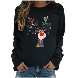 Generic Women Merry Christmas Sweatshirt Xmas Tree Reindeer Wine Glass Graphics Pullover Crew Neck Long Sleeve Tops Ladies Christmas Jumpers Trendy Casual Fun
