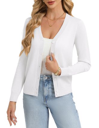 Grace Karin Womens Lightweight Cardigan Summer Classic V Neck Button Down Knit Shrugs Jumper 2XL White