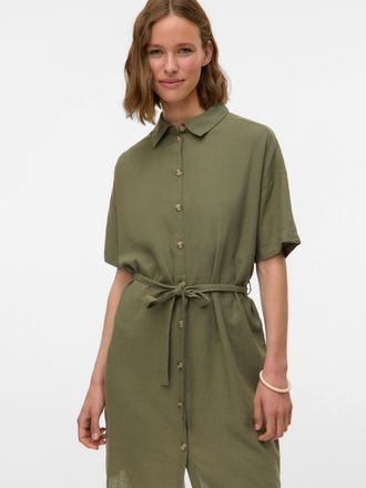 Vero Moda Blusenkleid VERO MODA VMTHEA SS SHORT SHIRT DRESS WVN NOOS, Damen, Gr. XS, N-Gr, gr&uuml;n (deep lichen gr&uuml;n), Web, Obermaterial: 70% Viskose, 30% Leinen, 