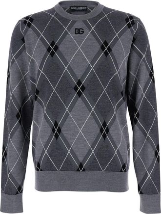 Dolce & Gabbana Grey Crew Neck Sweater With Front Logo And Diamond Pattern In Wool Blend Man