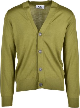 Alpha Studio Pistachio Green V-Neck Extrafine Merino Wool Cardigan