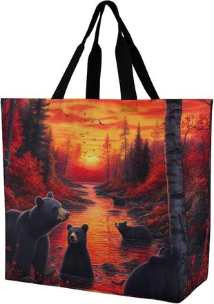 Generic Black Bears Family Sunrise Forests Reusable Shopping Bags One Shoulder Grocery Tote Bag Waterproof Big Purse for Work Travel