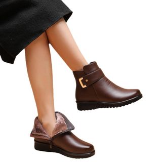 Generic Womens Metal Buckle Leather Wool Orthopedic Boots, Winter Warm Non-Slip Thickened Wool Lining Snow Boots For Women With Zipper (Brown,2.5)