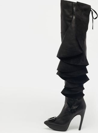 Roger Vivier Black Leather Viv Choc Rouches Cuissards Knee Length Boots