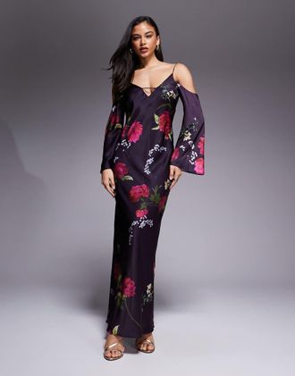 Asos Vestito midi con spalline sottili e maniche lunghe in raso viola con stampa a viola con spalle scivolate-Multicolore