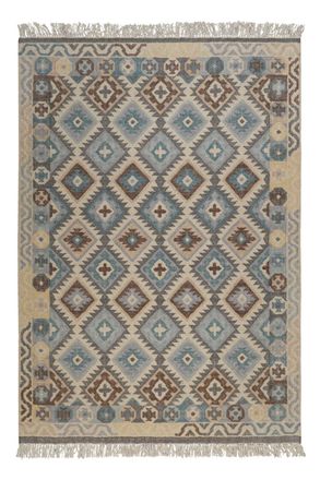 Green Looop Alfombra kilim de lana pura tejida a mano &eacute;tnica con flecos 140x200