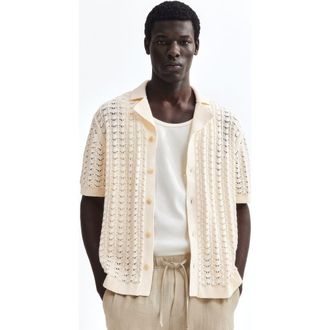 H&M Relaxed Fit Pointelle-knit Resort Shirt in Cream at Nordstrom, Size X-Large
