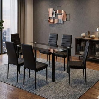 Kosy Koala Dining Table & 6 Chairs Black Clear Glass 6 Leather Black Chairs