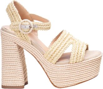 Castaner Natuurlijke Platform Sandalen met Enkelband - Dames - Sandalen met hakken - Beige - 40 EU - Leer - Schoenen