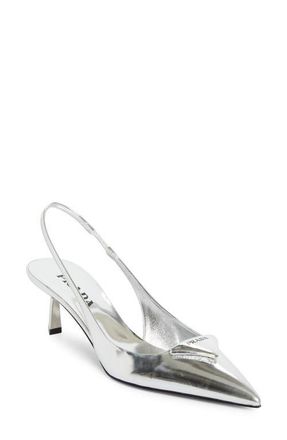 Prada Modellerie Pointed Toe Metallic Kitten Heel Slingback Pump in Argento at Nordstrom, Size 10.5Us
