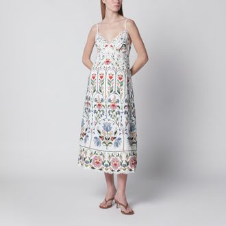 Farm Rio White midi dress in linen with garden motif