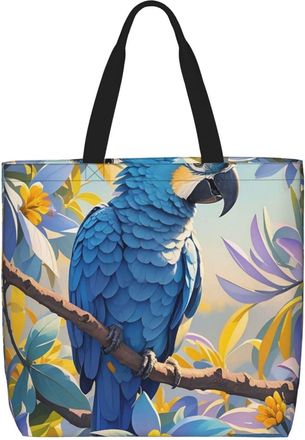 Generic Blue Parrot In Flowers Shopping Bag Large Capacity Shoulder Bag Lightweight Shoulder Bags For Work College Picnic