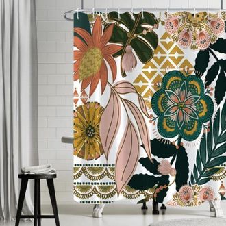 OEM Cortina De Ducha De 180 X 180 Cm De Estilo Bohemio Con Estampado Floral Rosa Y Verde, Resistente Al Moho, Impermeable, Fabricada En Tejido De Poli&eacute;ste