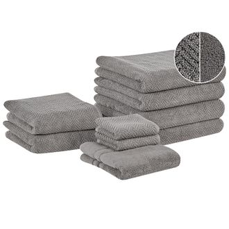 Beliani Conjunto De 9 Toallas De Algod&oacute;n Gris Patr&oacute;n Chevron Textura Suave Ba&ntilde;o Mitiaro