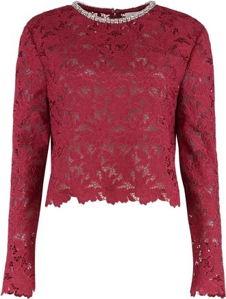 Self Portrait Lace Crystal Top - Dames - Longsleeves - Rood - 2XS - Polyester - Tops