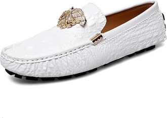 Generic Fashion Crocodile Pattern Mens Driving Penny Loafers Leather Moccasin Slip-On Casual Dress Boat Shoes (White,10)