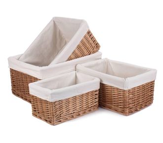 Red Hamper Wicker Double Steamed Lined Storage Basket Set 4 in White