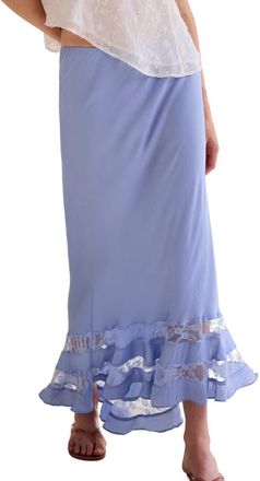 Free People Long Lost Lover Lace Detail Satin Slip Skirt in Cashmere Blue at Nordstrom, Size X-Small