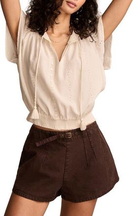 Lucky Brand Embroidered Eyelet Short Sleeve Smocked Hem Top in Tofu at Nordstrom, Size Xx-Large
