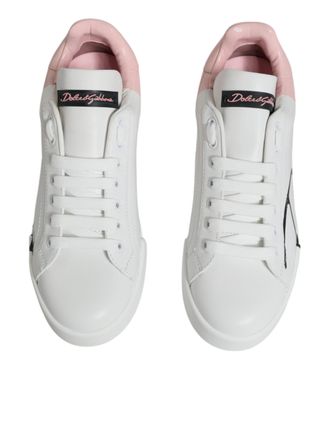Dolce & Gabbana Womens White Pink Portofino Low Top Sneakers Shoes Calf Leather