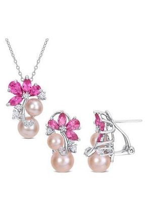 Delmar Pink Cultured Freshwater Pearl & Lab Grown Sapphire Flower Necklace & Earrings Set at Nordstrom Rack