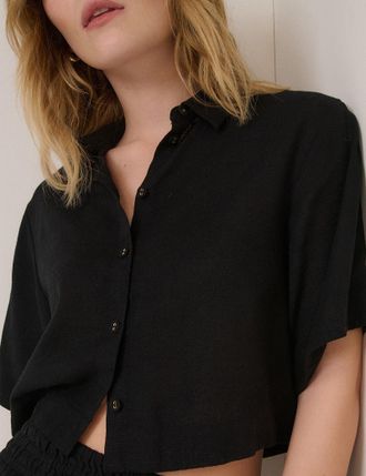 Nobody's Child Black Linen-Blend Cropped Shirt