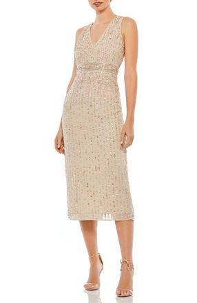 Mac Duggal Sequined Sleeveless V-Neck Midi Sheath Dress in Nude at Nordstrom, Size 16