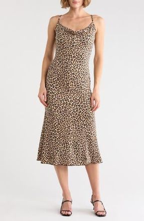Loveappella Leopard Print Cross Back Midi Slipdress in Tan Multi at Nordstrom Rack, Size X-Large
